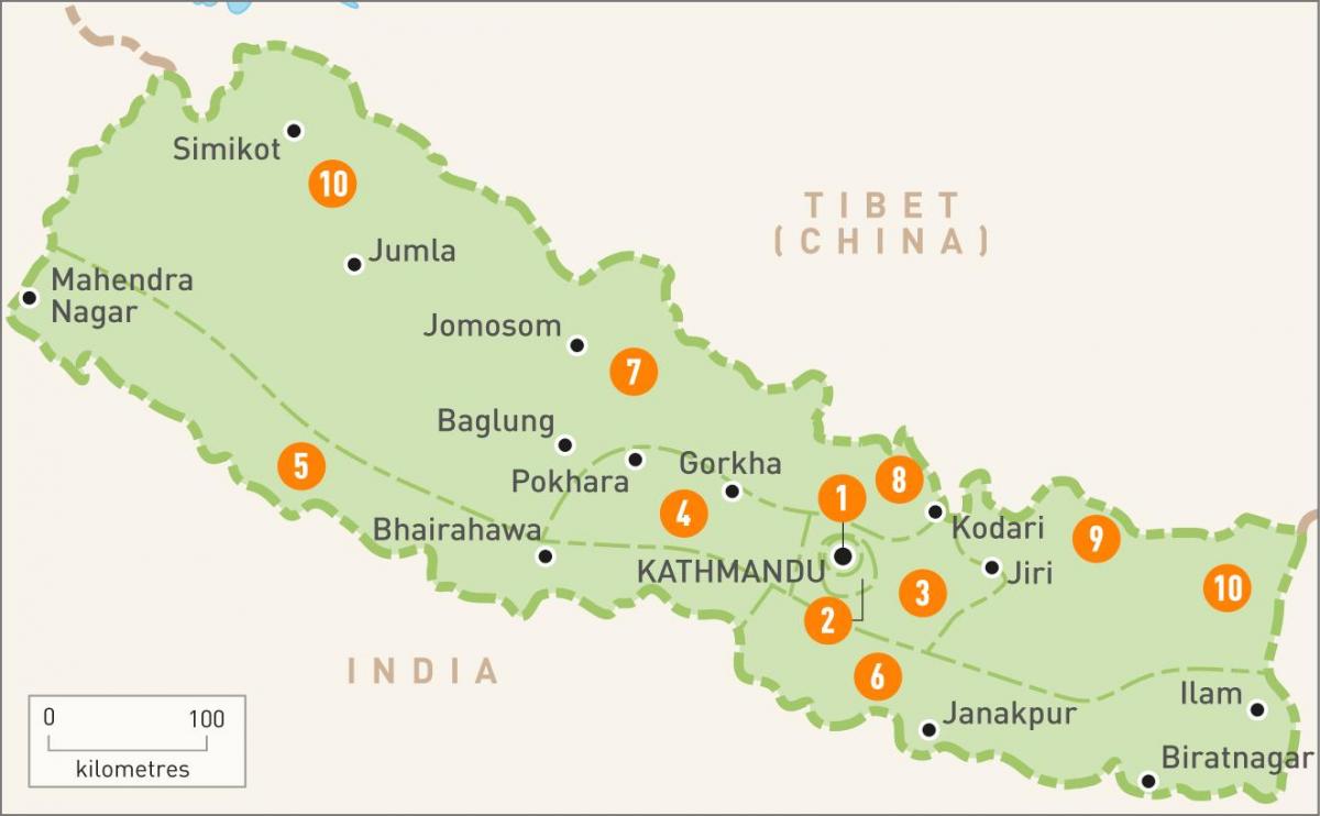 नेपाल के नक्शे के साथ क्षेत्रों में