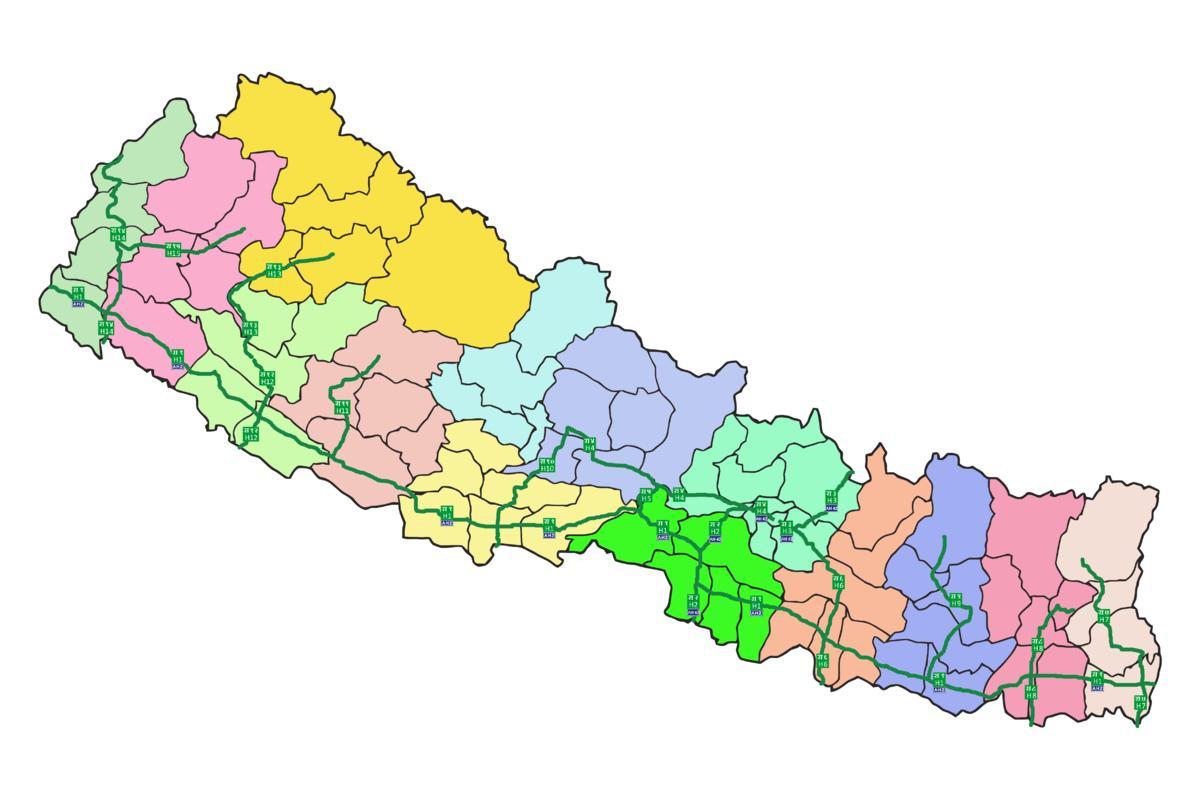 नेपाल के मानचित्र के साथ प्रमुख राजमार्गों