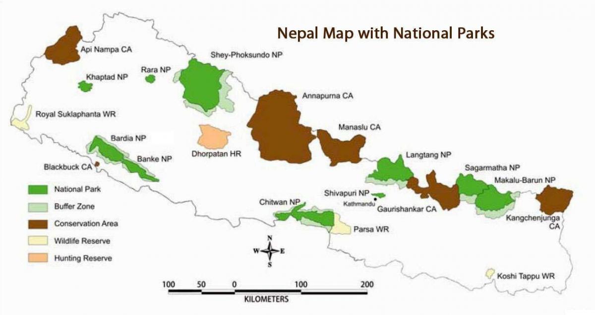 नेपाल के मानचित्र के साथ राष्ट्रीय पार्क