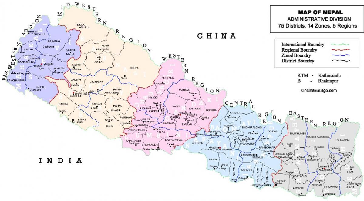 नेपाल के राजनीतिक मानचित्र के साथ जिलों