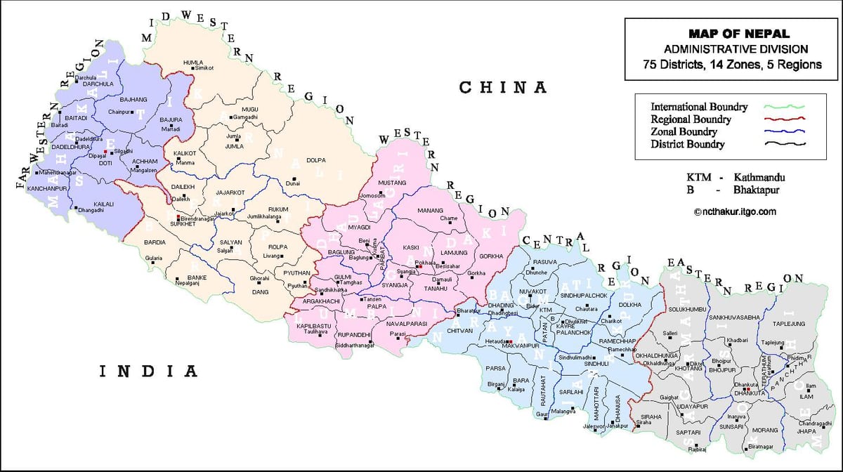 नेपाल के 75 जिले का नक्शा