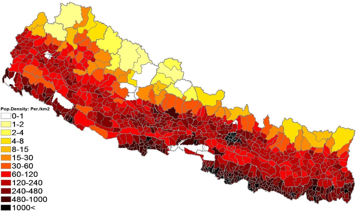 नेपाल जनसंख्या घनत्व नक्शा