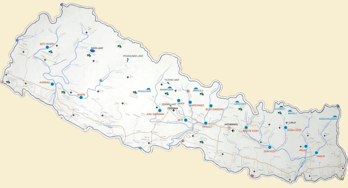 नेपाल के मानचित्र के साथ झीलों