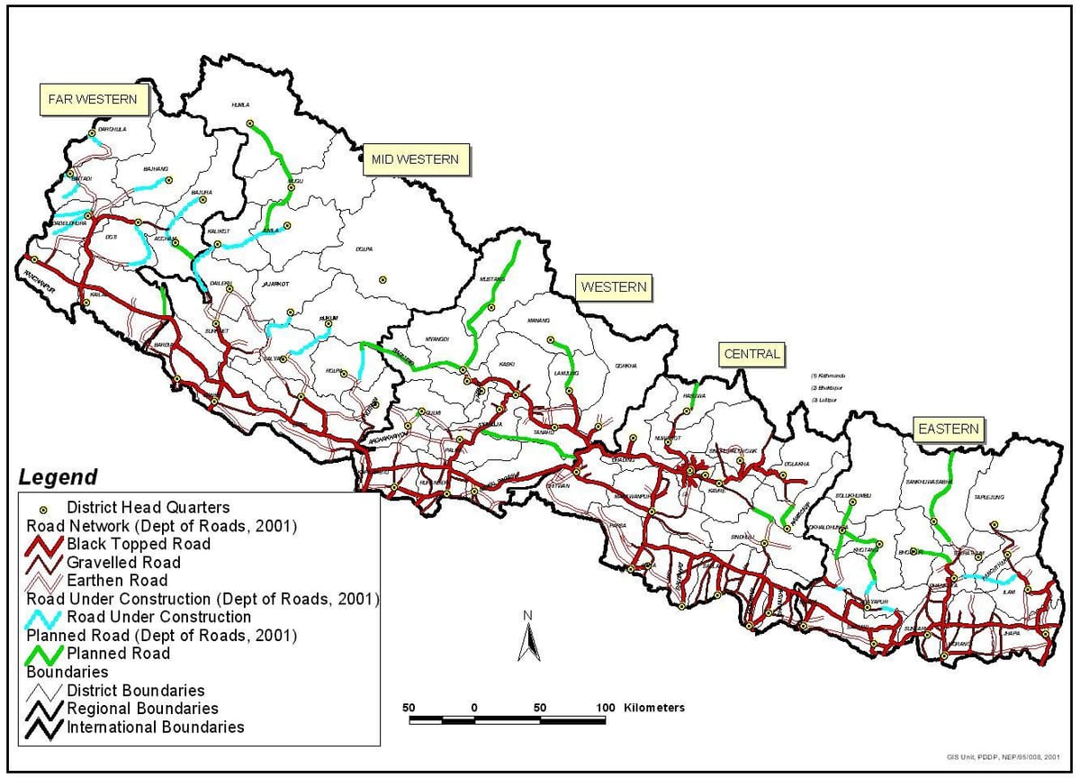 नेपाल के मानचित्र दिखा राजमार्गों