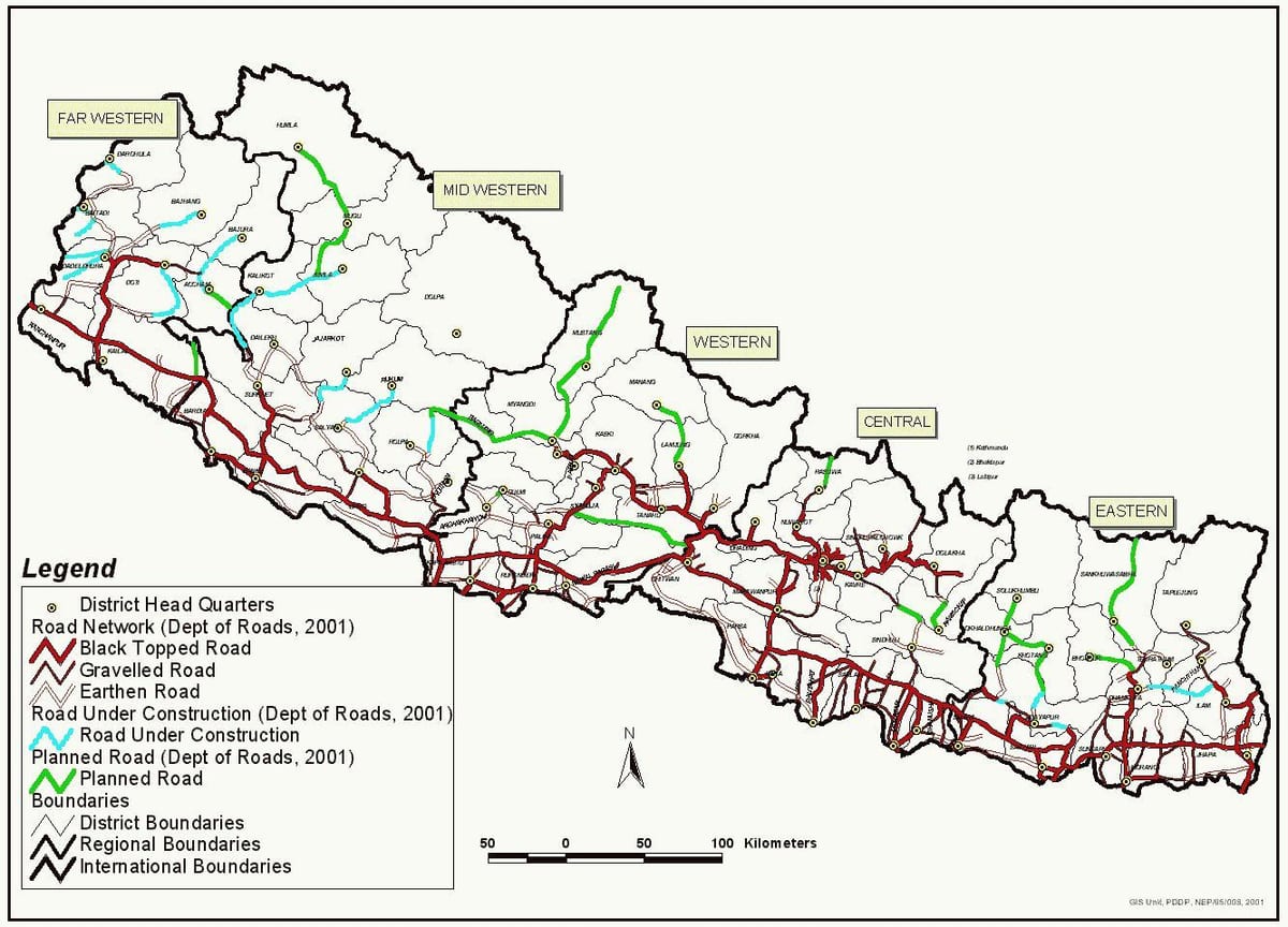 नेपाल के नक्शे के साथ राजमार्ग
