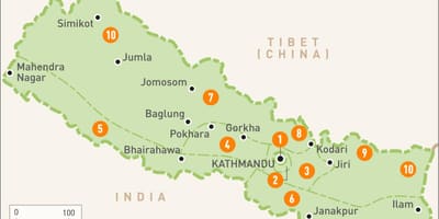 नेपाल के नक्शे के साथ क्षेत्रों में