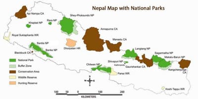 नेपाल के मानचित्र के साथ राष्ट्रीय पार्क